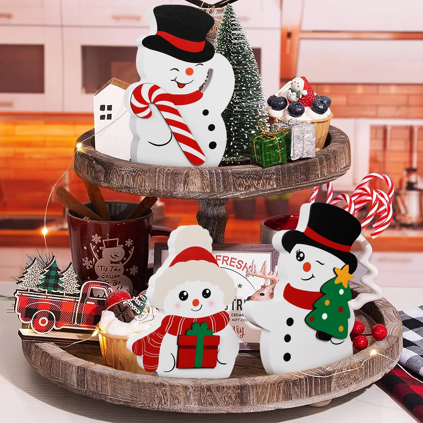 Cute Snowman Winter Decorations Christmas Wooden Tiered Tray Decoration