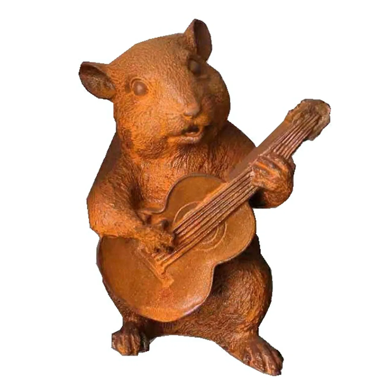 Cast Iron Sculpture of a Mouse Playing an Instrument