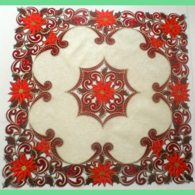 Two Layers Organza Festive Poinsettia Embroidered Tablecloth