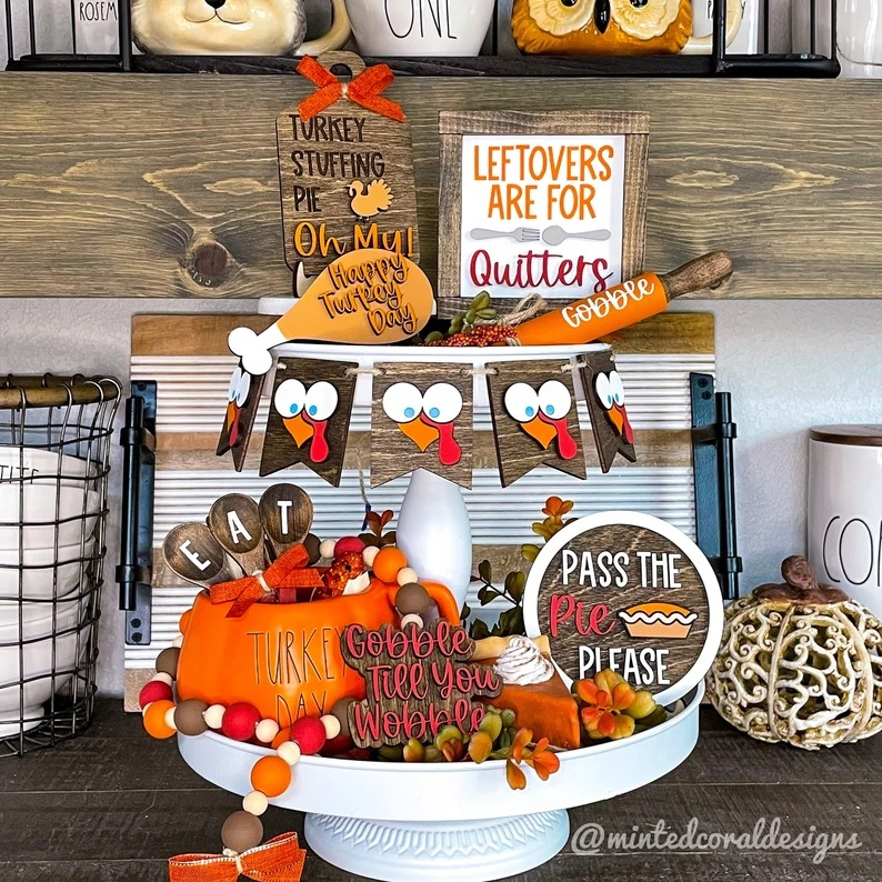 Turkey Leaves Wood Sign 4PCS Thanksgiving Tiered Tray Decoration Set for Home Kitchen