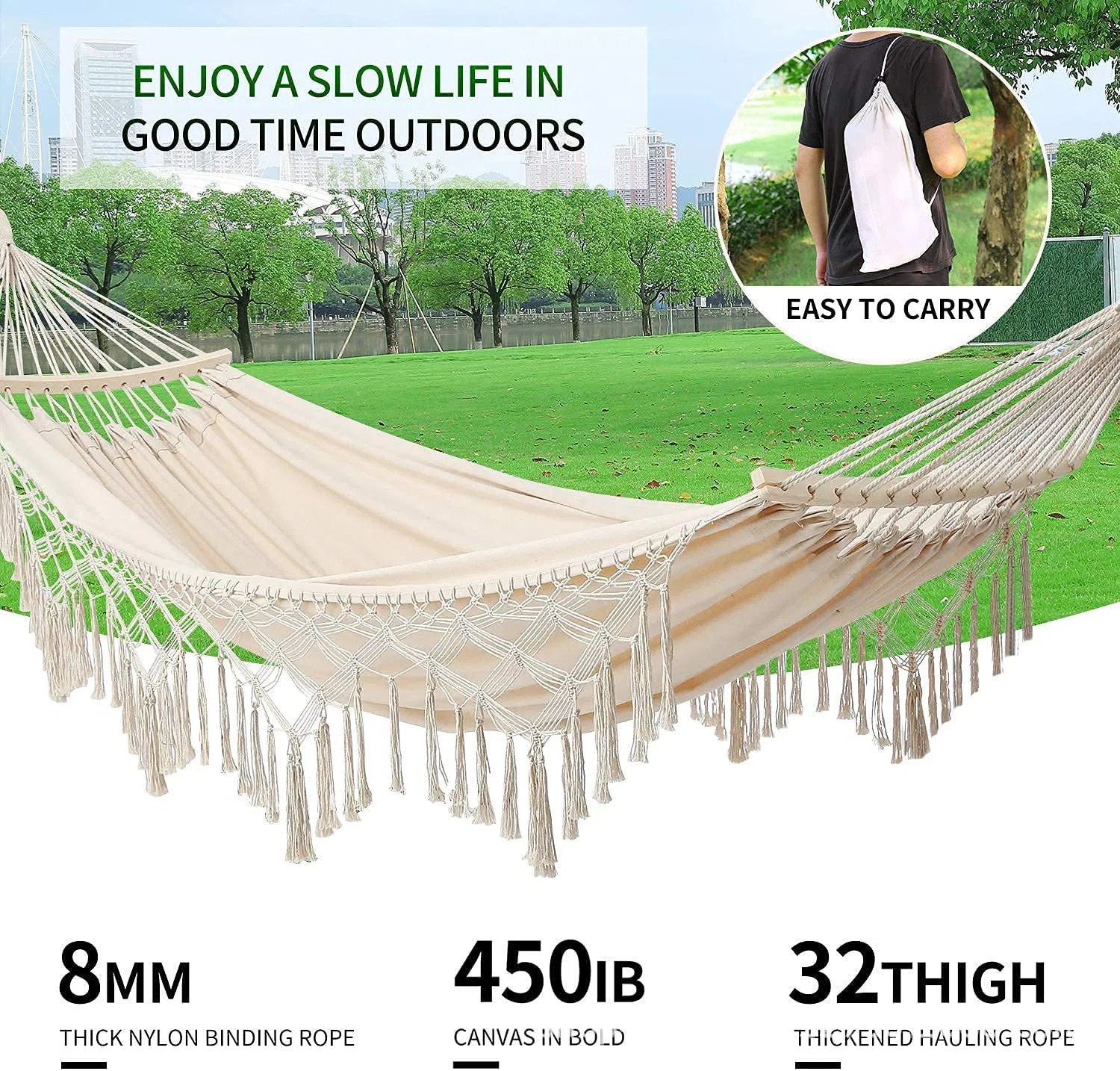 Removable Spread Bar Brazilian Portable Travel Outdoor Patio Yard Balcony Cotton Hamac Camping Hammock with Macrame Tassel Fringe