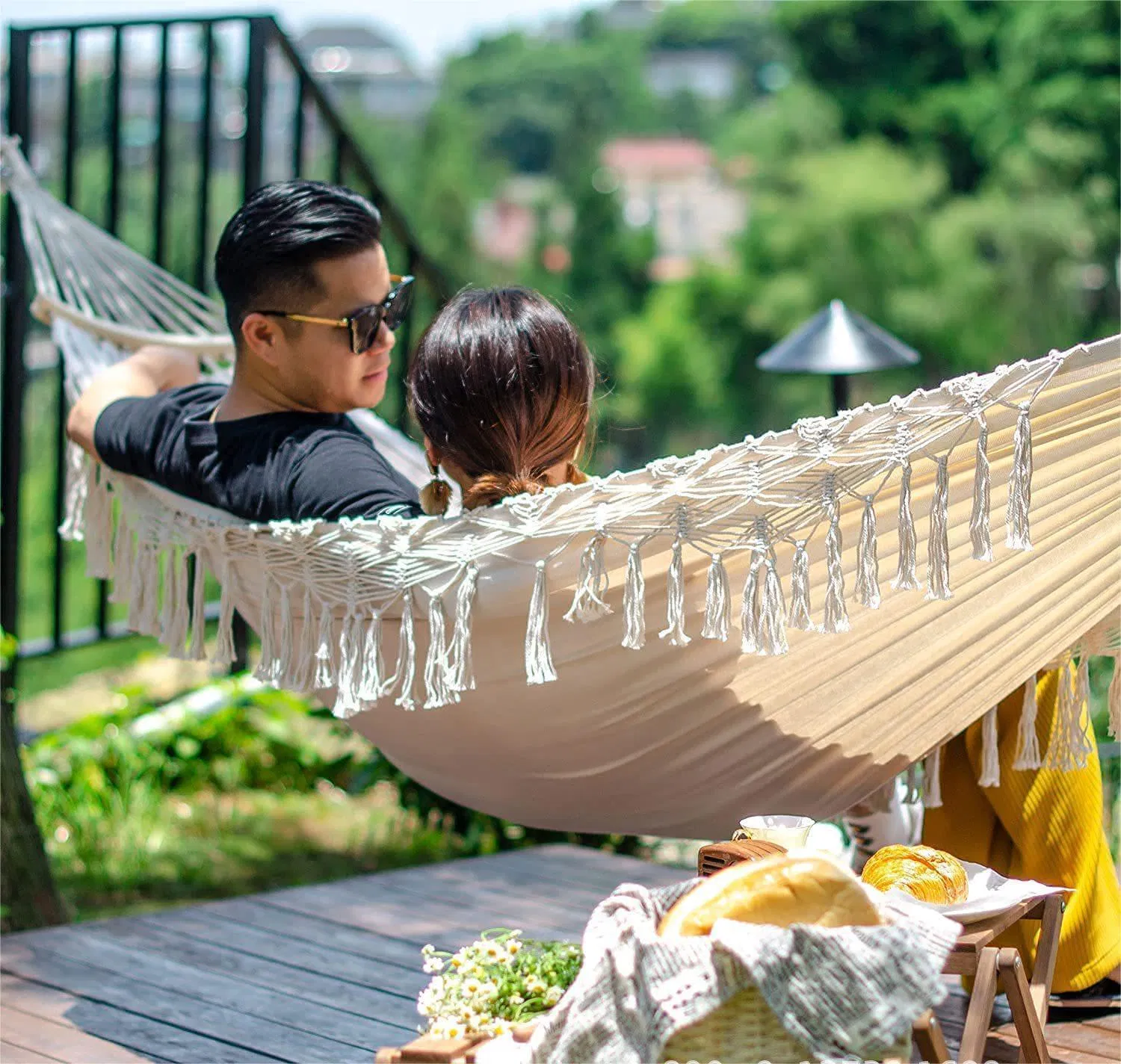 Removable Spread Bar Brazilian Portable Travel Outdoor Patio Yard Balcony Cotton Hamac Camping Hammock with Macrame Tassel Fringe