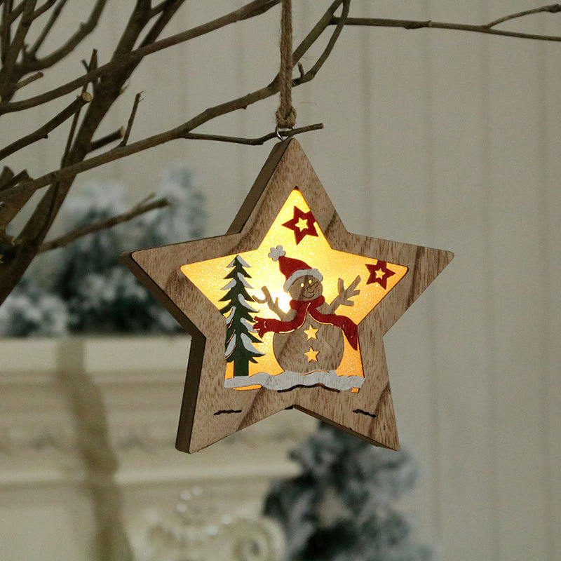 Charming Festive LED Light Christmas Star-Shaped Ornaments Wooden Home Decoration with Santa &amp; Snowman