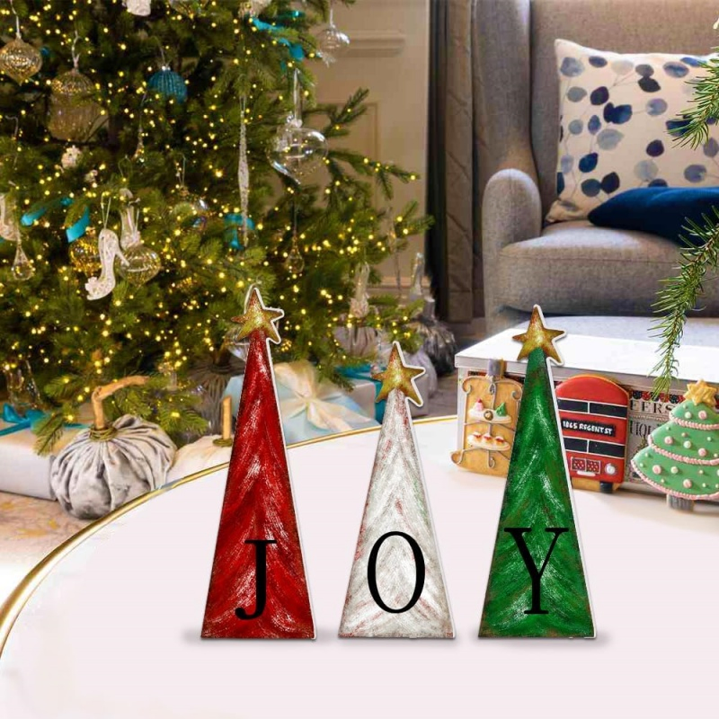 3 PCS Wooden Christmas Tree Decor with Gold Stars for Tiered Tray