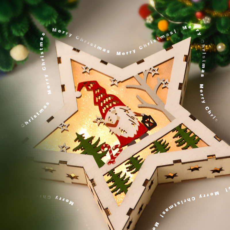 Customized Styles Wooden Star LED Lights Santa Claus Snowman Light Ornaments Christmas Festive Decorations