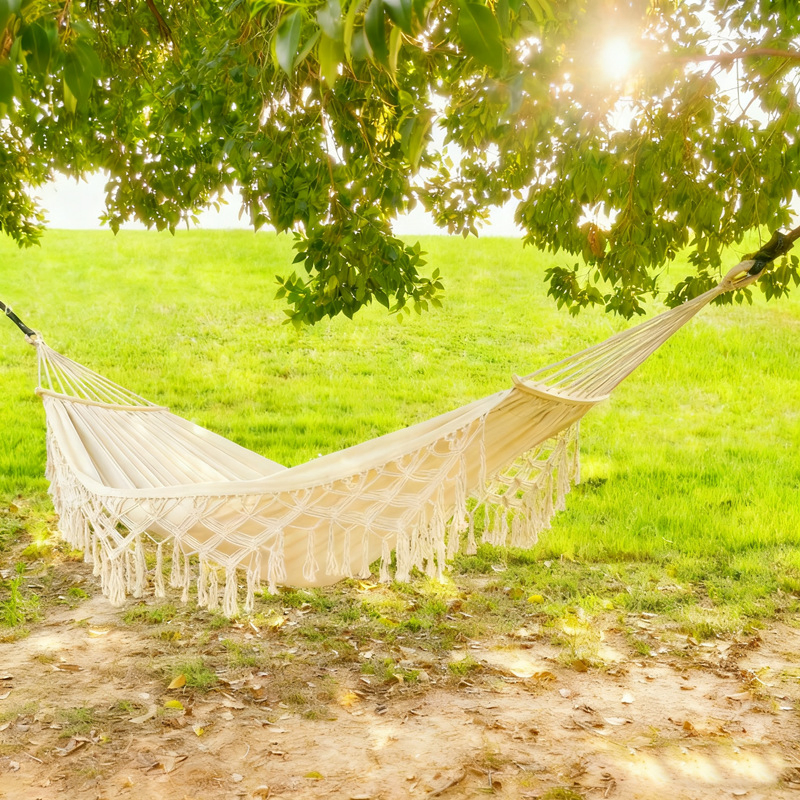Removable Spread Bar Brazilian Portable Travel Outdoor Patio Yard Balcony Cotton Hamac Camping Hammock with Macrame Tassel Fringe