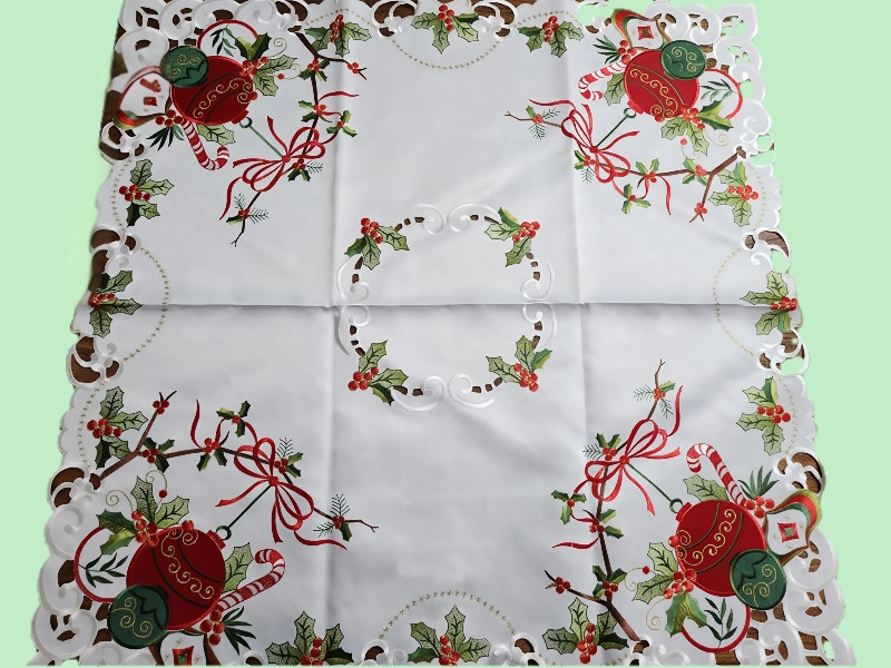 Holly Berry Christmas Ball and Festive Candy Cane Embroidered Tablecloth