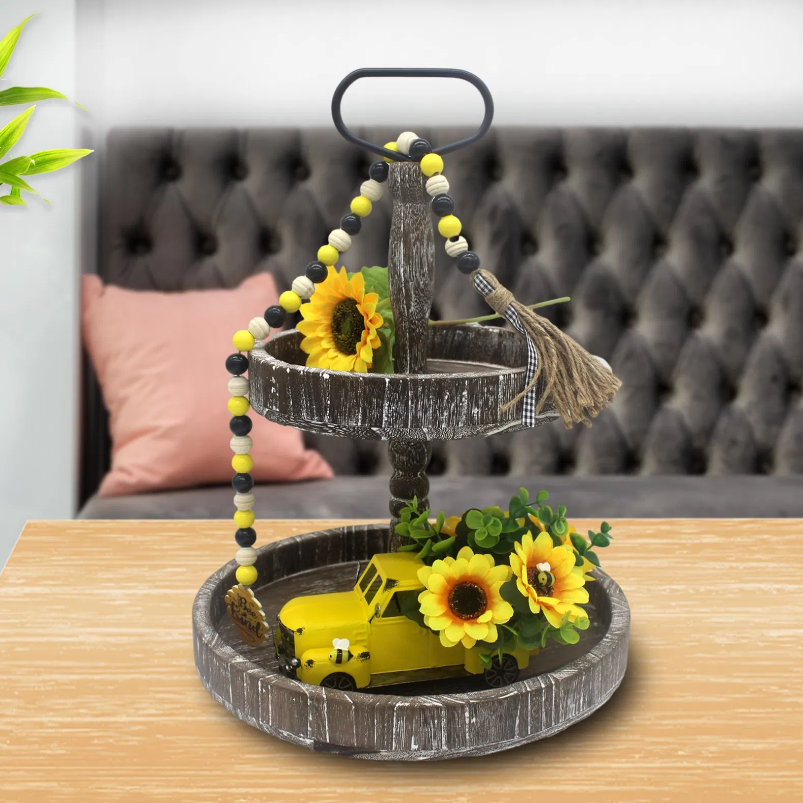 Yellow Metal Tabletop Truck Tiered Tray Vintage Sunflower Decor