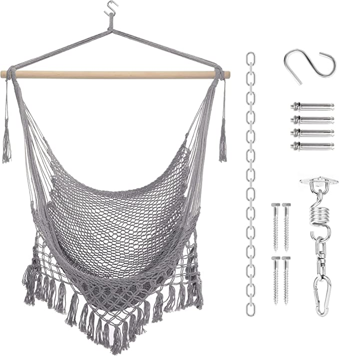 Hammock Hanging Rope Swing Macrame Chair Extra Long Stretching Bed with Max Capacity of 330 Lbs with Complete 360° Rotation Spring Hardware Set