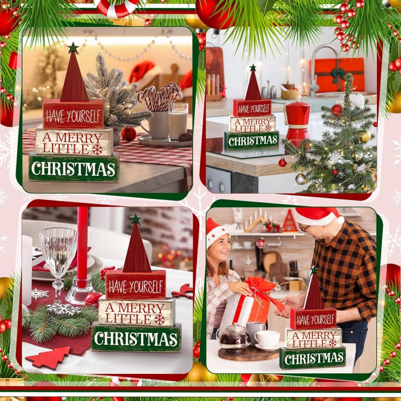 4-Piece Wooden Christmas Tree Decorations, Holiday Gifts, Christmas Table Ornaments