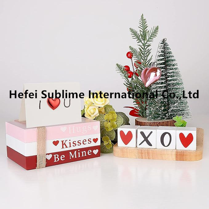 Valentines Day Decor, Wooden Book Stack with 4 Xoxo Signs - Valentines Day Decorations for The Home, Tiered Tray, Coffee Table, Fireplace Mantel, Shelf