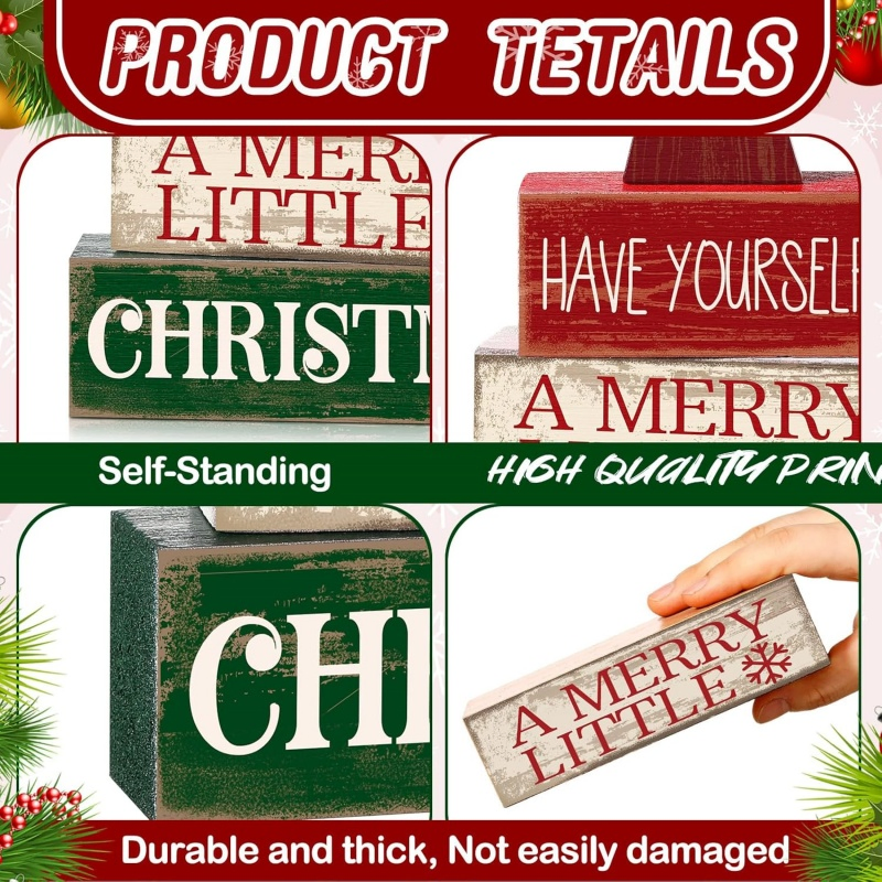 4-Piece Wooden Christmas Tree Decorations, Holiday Gifts, Christmas Table Ornaments