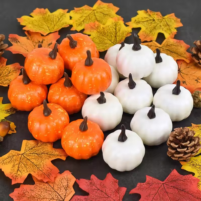 Thanksgiving Pumpkin Decorations - Artificial Mini Pumpkin Fall Maple Leaves, Acorns, Pine Cones Set for Halloween Thanksgiving