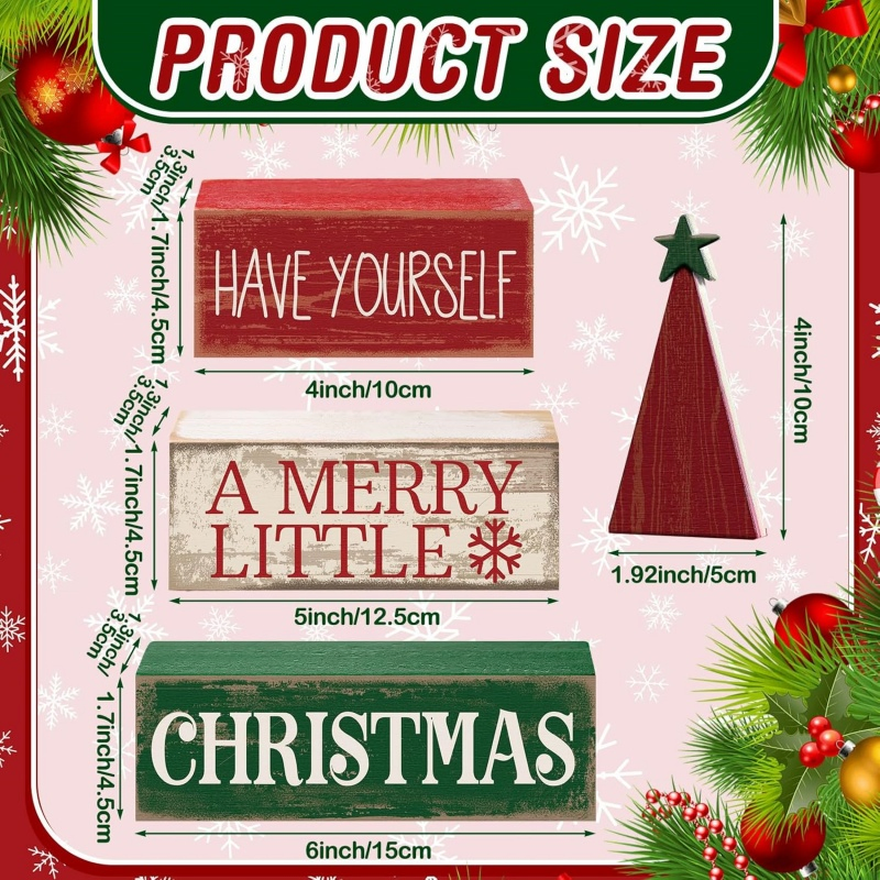 4-Piece Wooden Christmas Tree Decorations, Holiday Gifts, Christmas Table Ornaments