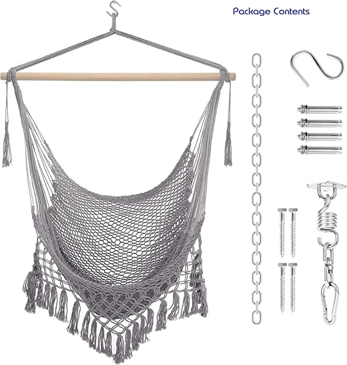 Hammock Hanging Rope Swing Macrame Chair Extra Long Stretching Bed with Max Capacity of 330 Lbs with Complete 360° Rotation Spring Hardware Set