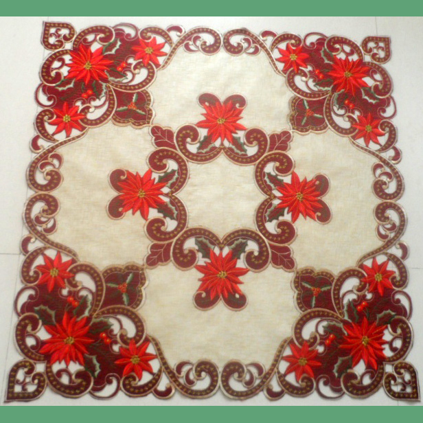 Two Layers Organza Festive Poinsettia Embroidered Tablecloth
