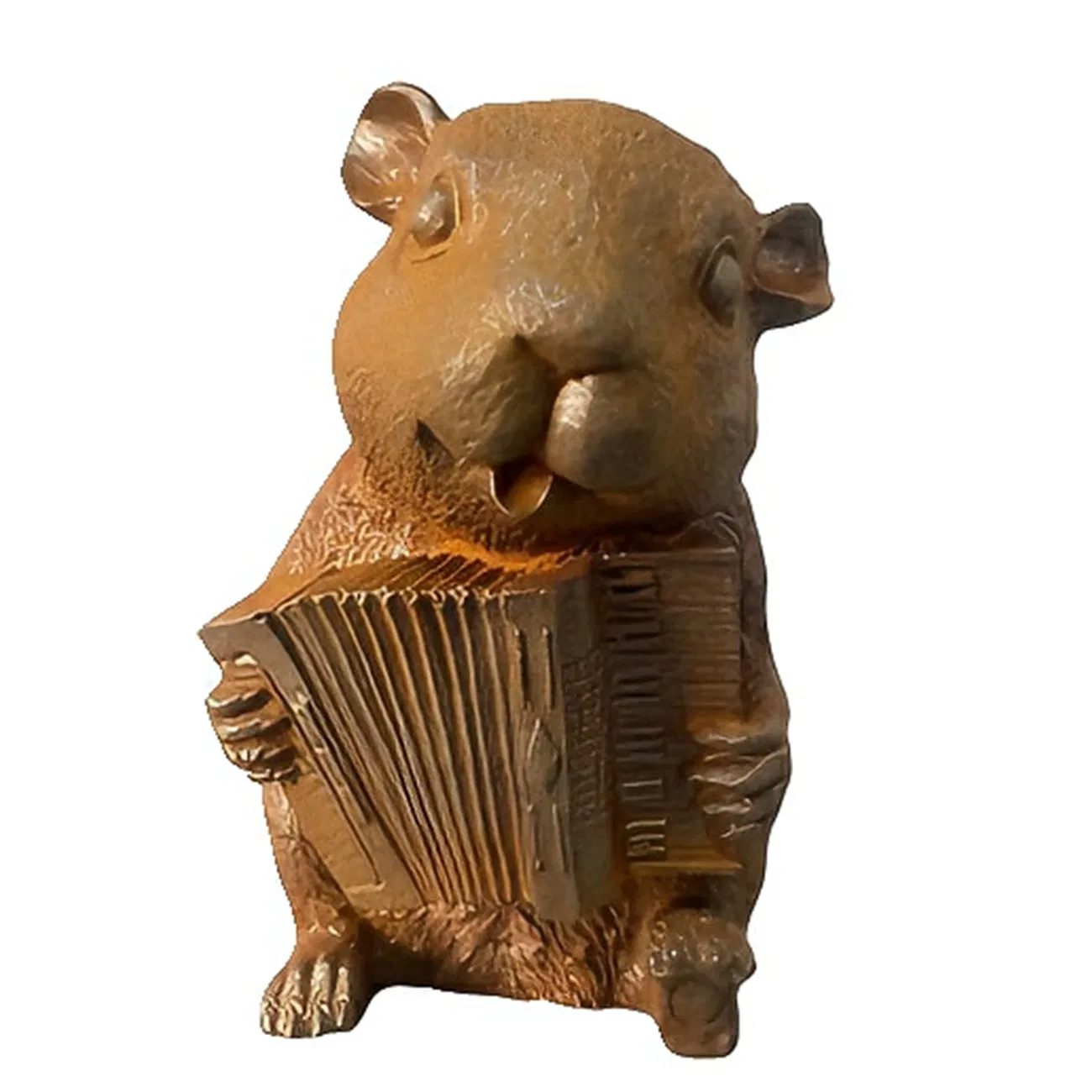 Cast Iron Sculpture of a Mouse Playing an Instrument