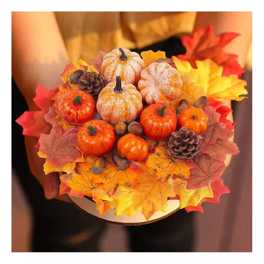 Thanksgiving Pumpkin Decorations - Artificial Mini Pumpkin Fall Maple Leaves, Acorns, Pine Cones Set for Halloween Thanksgiving