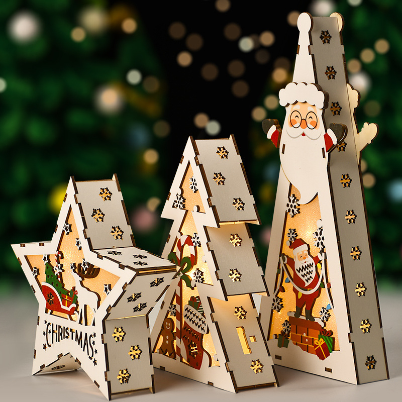 Customized Styles Wooden Star LED Lights Santa Claus Snowman Light Ornaments Christmas Festive Decorations