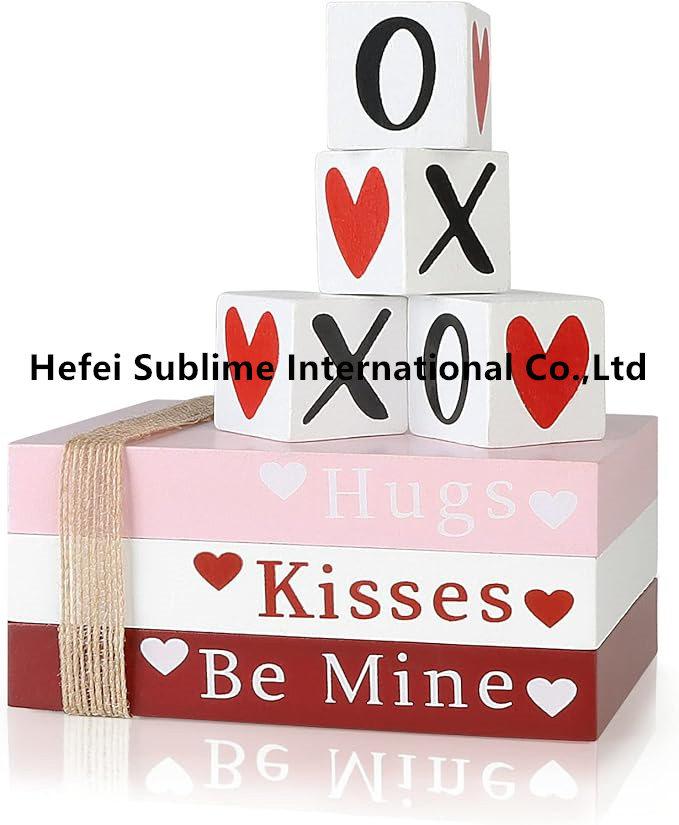 Valentines Day Decor, Wooden Book Stack with 4 Xoxo Signs - Valentines Day Decorations for The Home, Tiered Tray, Coffee Table, Fireplace Mantel, Shelf