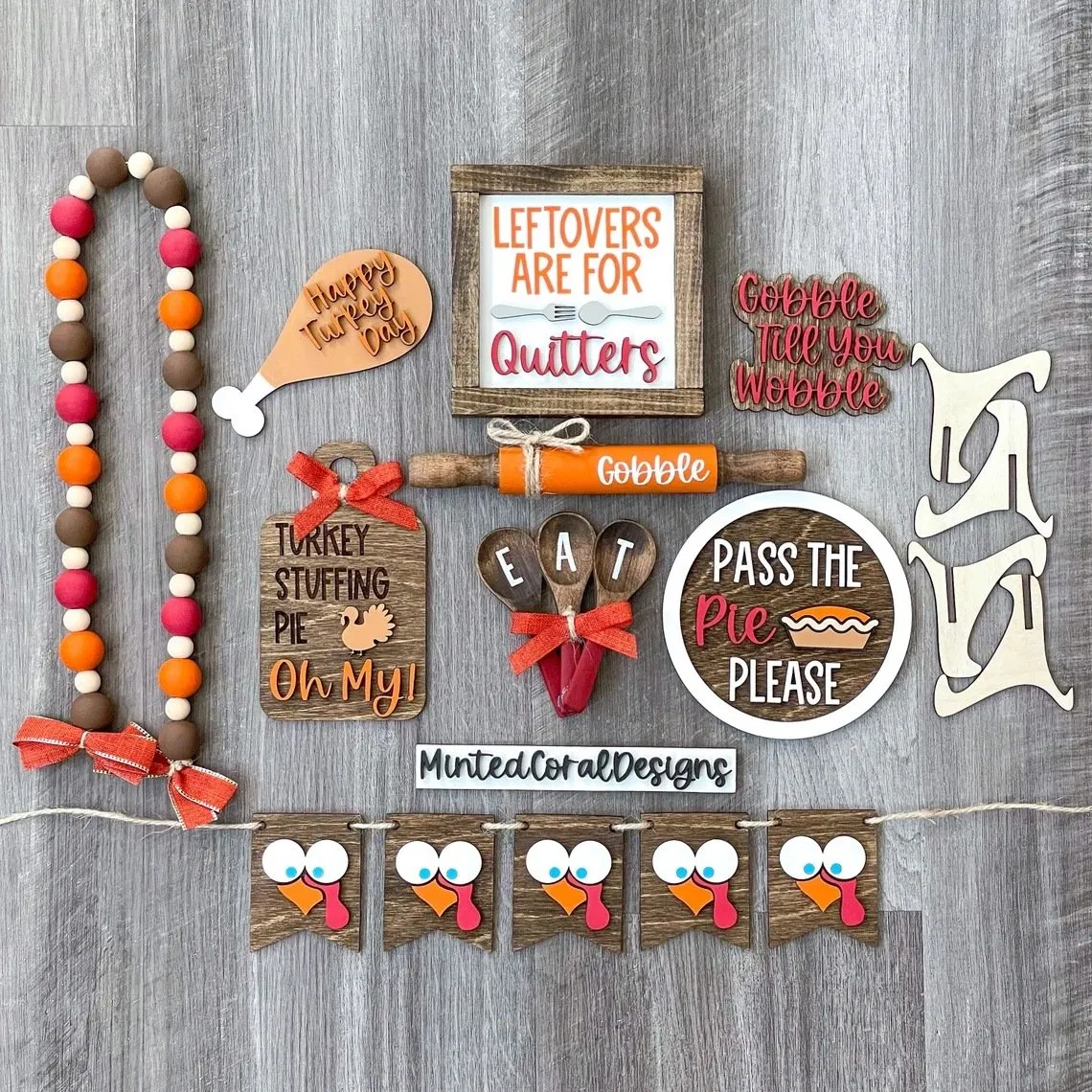 Turkey Leaves Wood Sign 4PCS Thanksgiving Tiered Tray Decoration Set for Home Kitchen