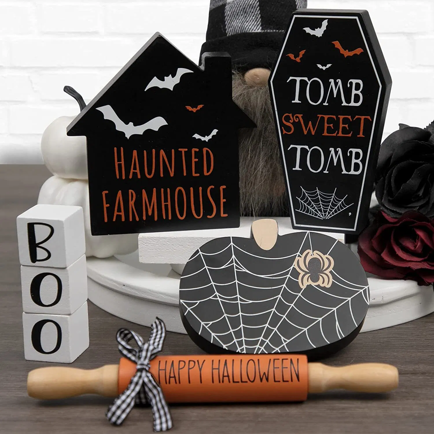 Boo Happy Halloween Wooden Signs 5PCS Set Halloween Tiered Tray Decor