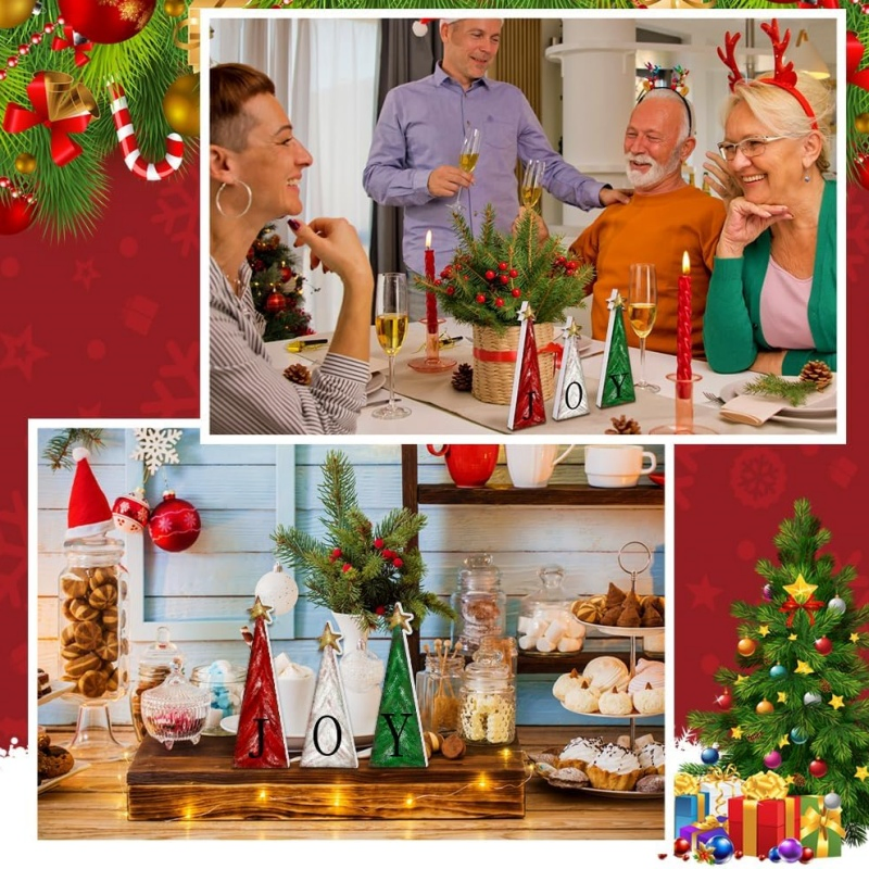 3 PCS Wooden Christmas Tree Decor with Gold Stars for Tiered Tray