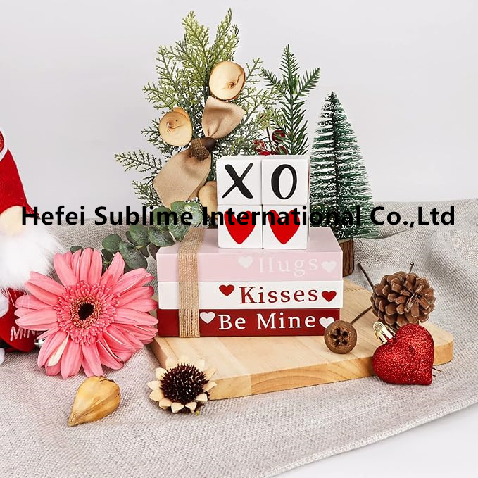 Valentines Day Decor, Wooden Book Stack with 4 Xoxo Signs - Valentines Day Decorations for The Home, Tiered Tray, Coffee Table, Fireplace Mantel, Shelf