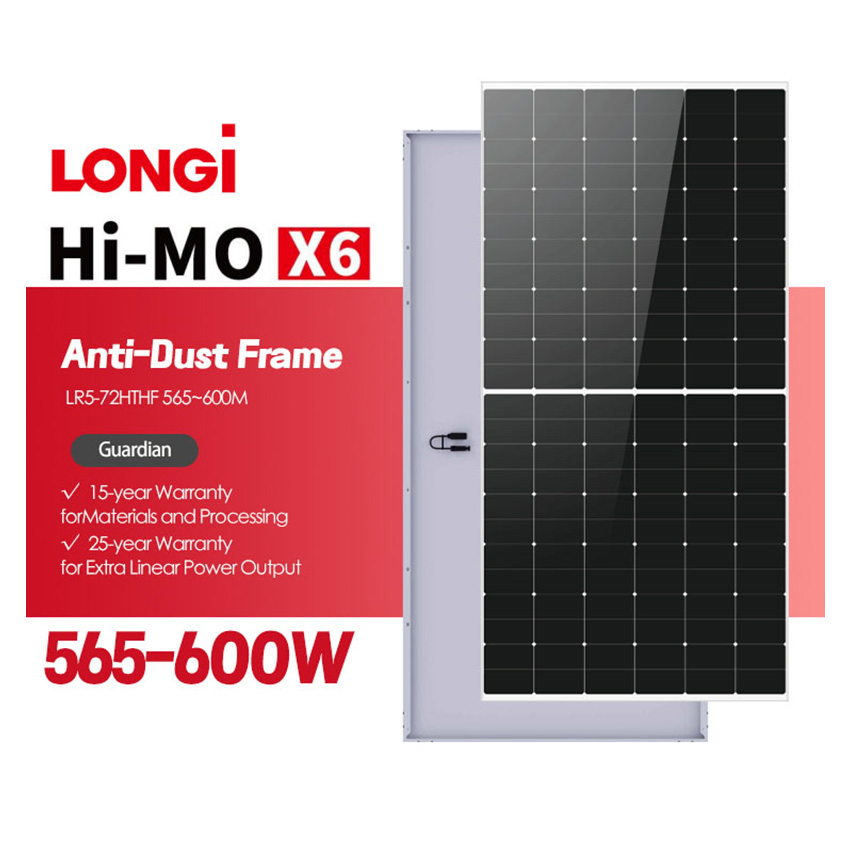 Panel Solar de Células Longi Lr5-72hthf 565-600m 144 Tipo N 210mm Media Célula Topcon para Uso en Sistemas Domésticos y Comerciales