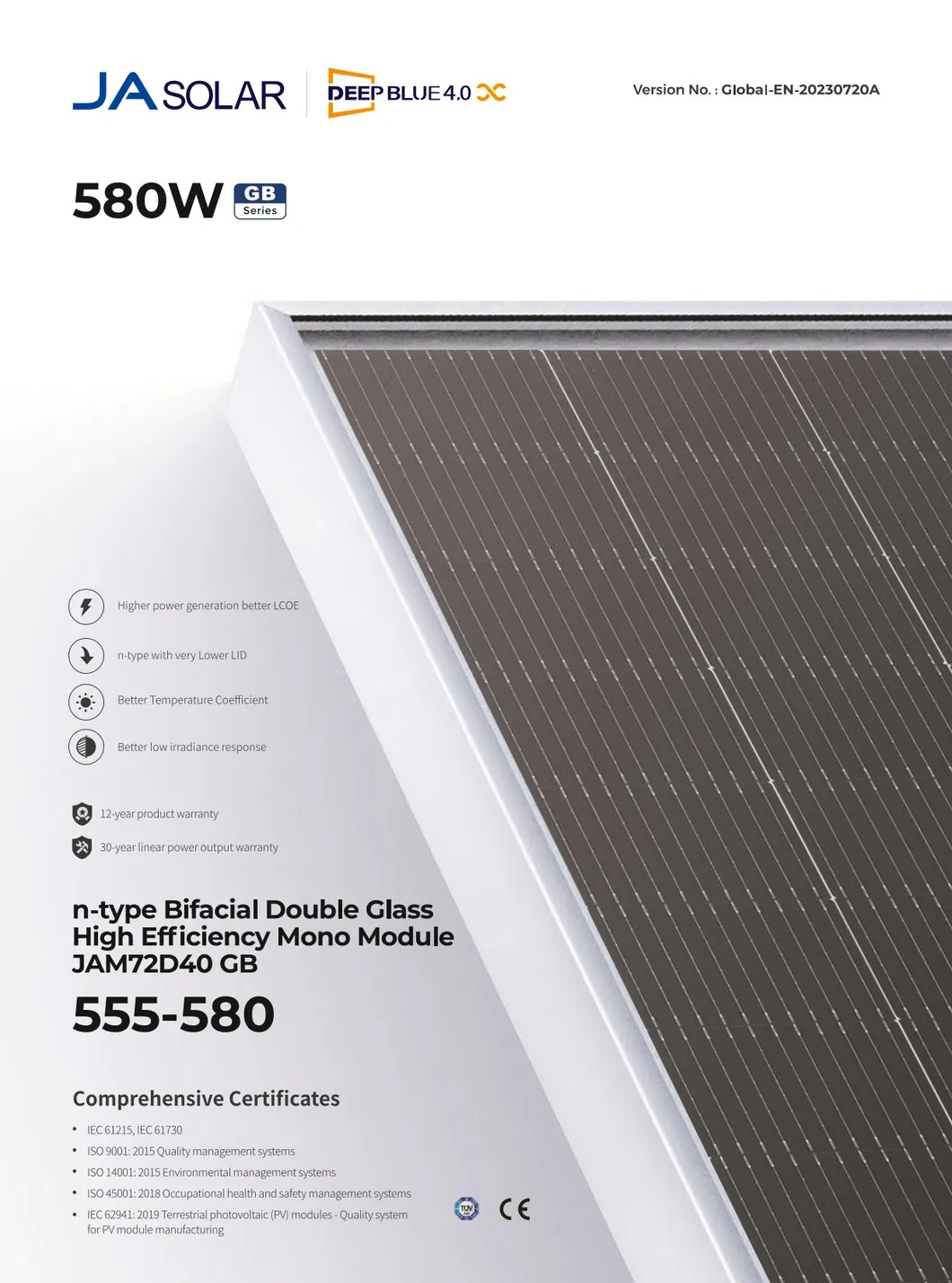Todo Negro 580W Corte Medio 144cells UPS Ja Energía Solar Panel Solar para Sistema Solar Comercial Conectado a la Red