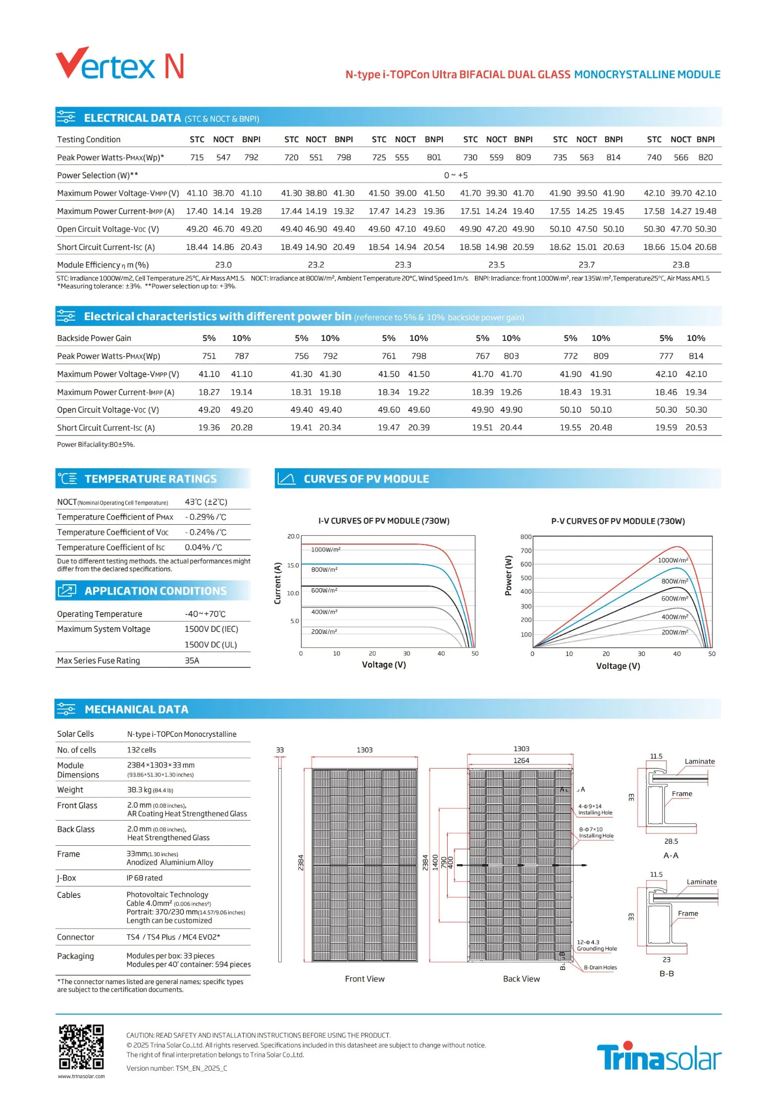 Módulos Solares Monocristalinos N Tipo Bifaciales Trina Vertex N Tsm-Neg21c. 20 715-740W para Proyectos Solares a Gran Escala