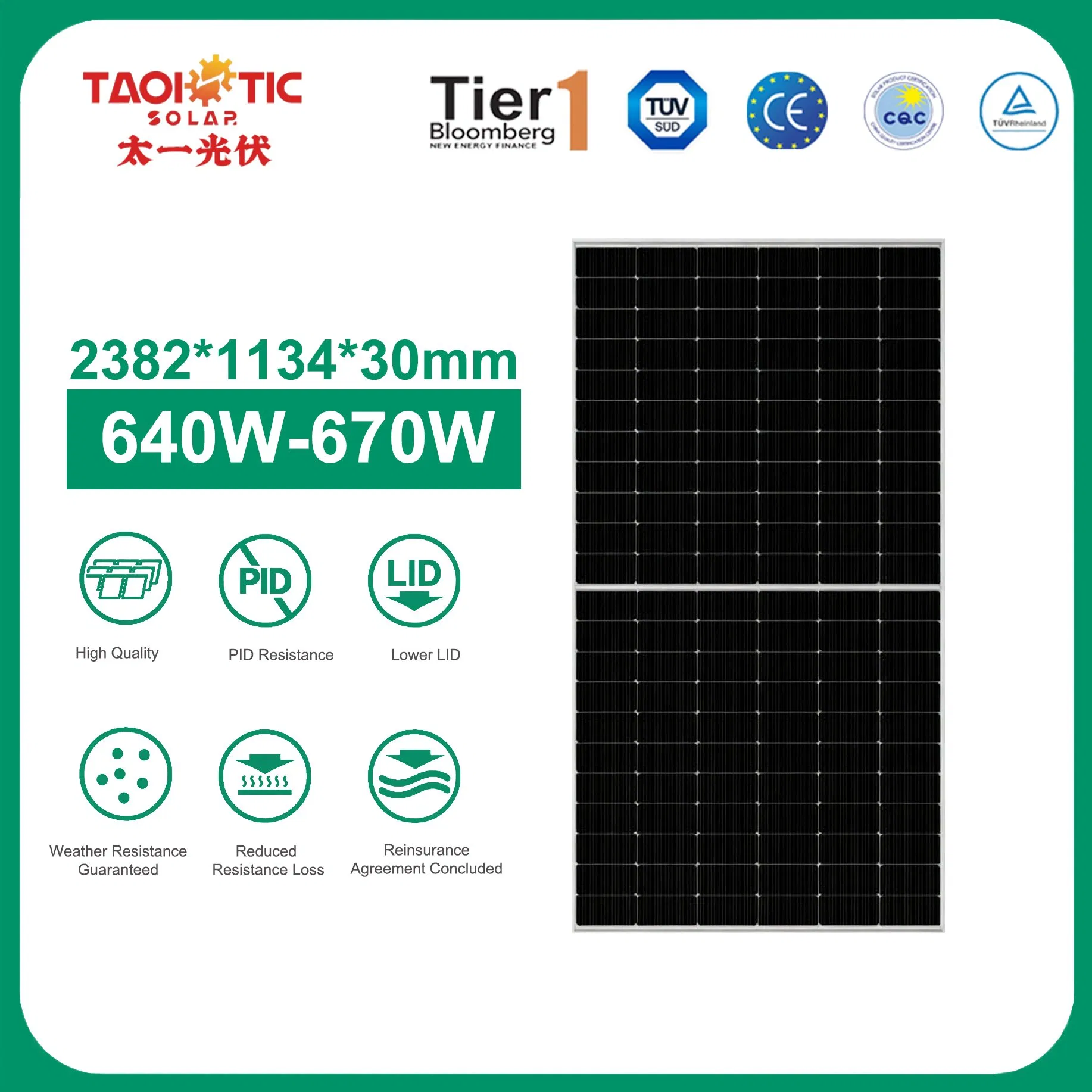Panel solar bifacial monocrystalline anti-corrosión taoísta 640-670W IP67 a prueba de agua de vidrio dual para sistemas costeros fuera de la red