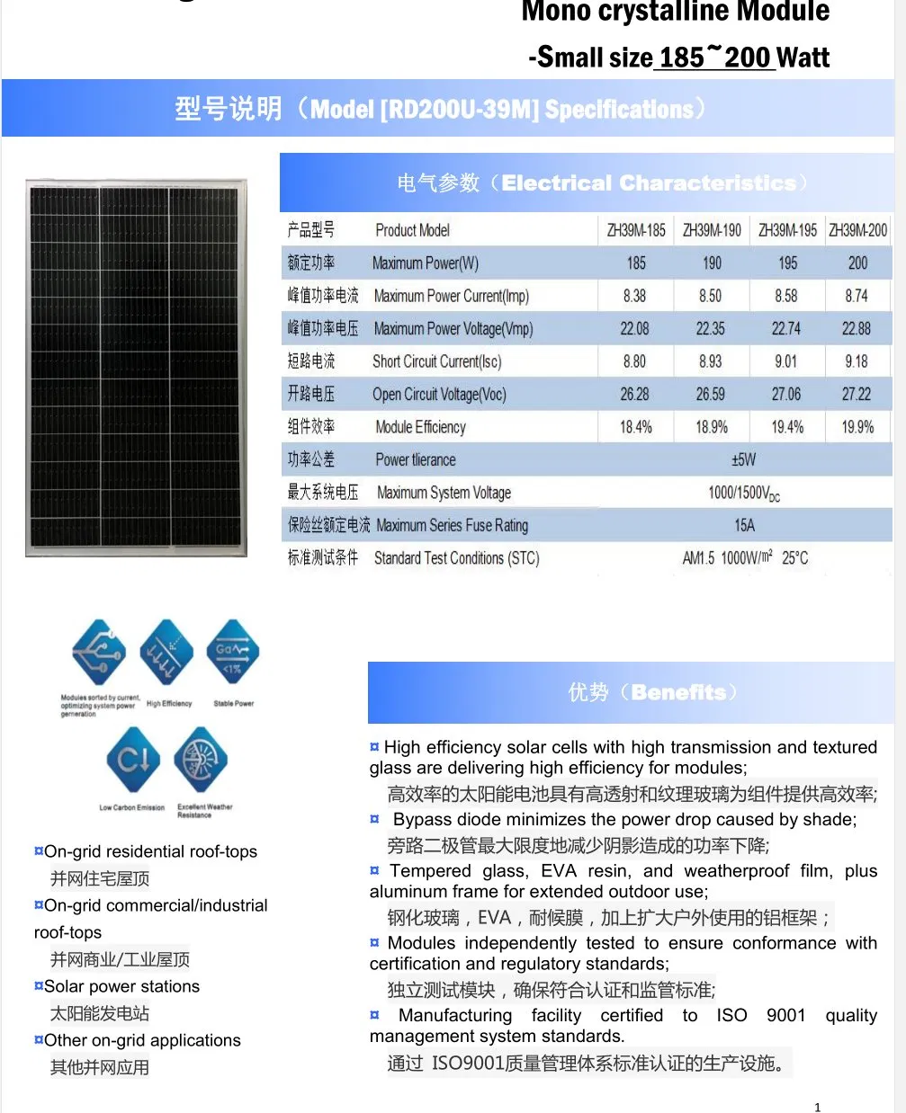 Calidad de un 200W 500W Módulo de Panel Solar Monocristalino Personalización Disponible