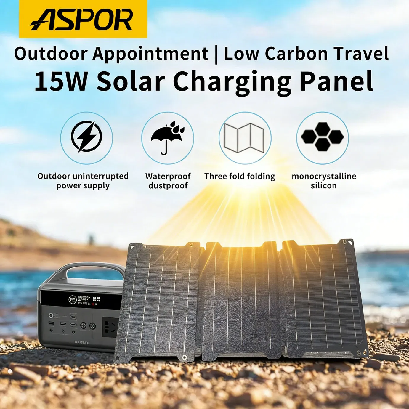 Cargador Solar Off-Grid 15W, Panel Plegable Portátil con Ojetes Reforzados, Se Adhiere a la Mochila o Carpa