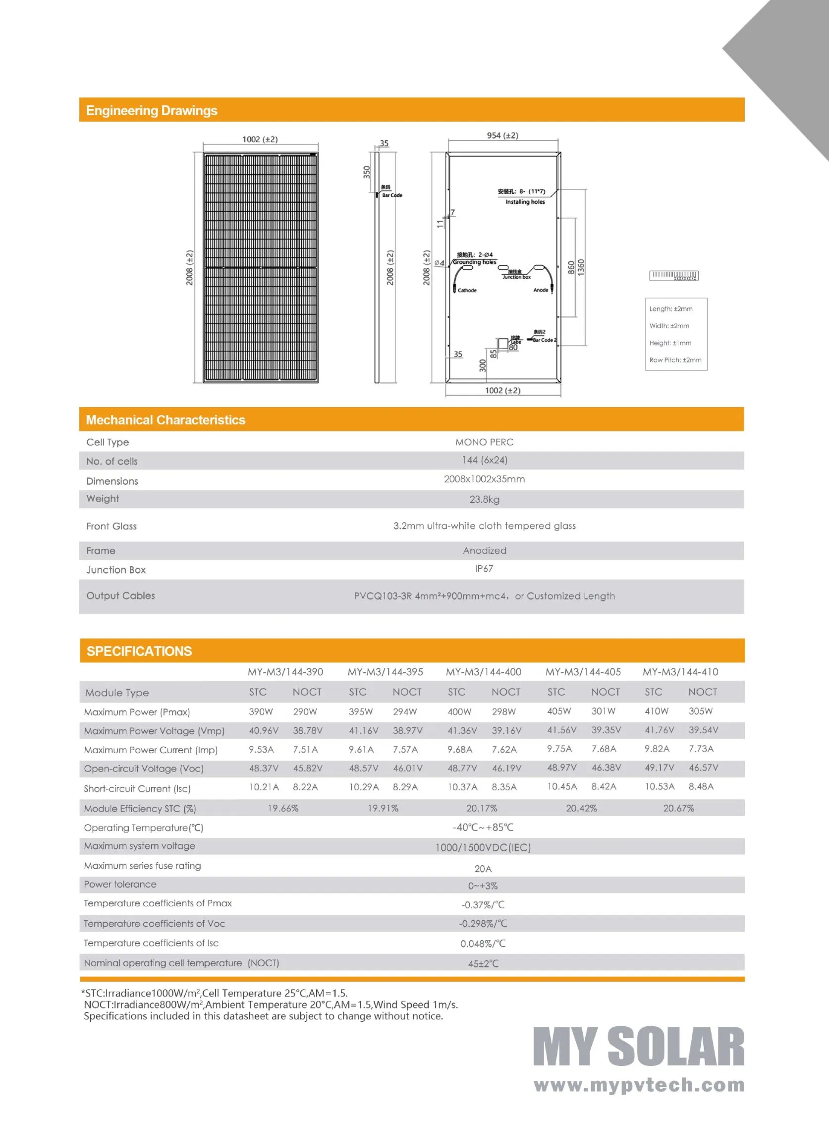 Mypvtech Módulo Solar Mono Industrial de Alta Calidad 390W 400W 410wphotovoltaic