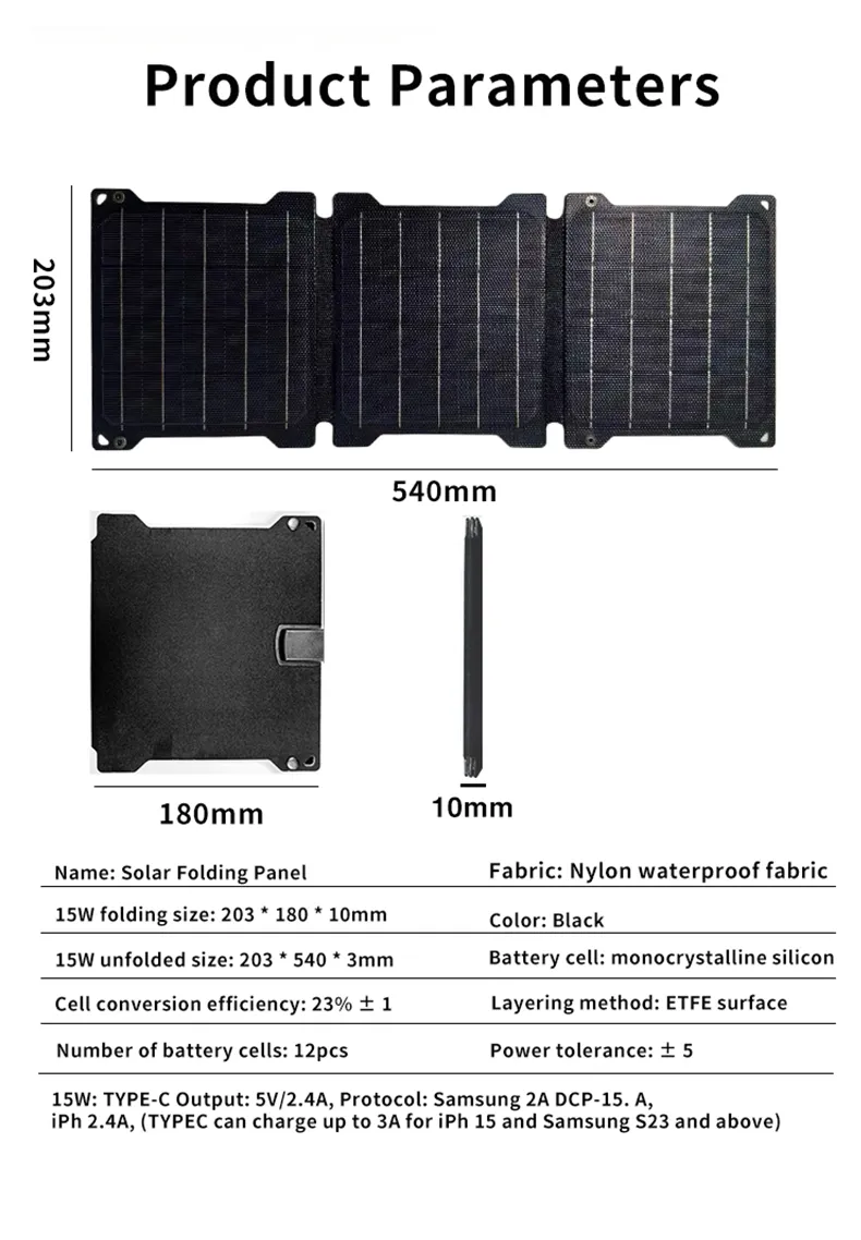 Cargador Solar Off-Grid 15W, Panel Plegable Portátil con Ojetes Reforzados, Se Adhiere a la Mochila o Carpa