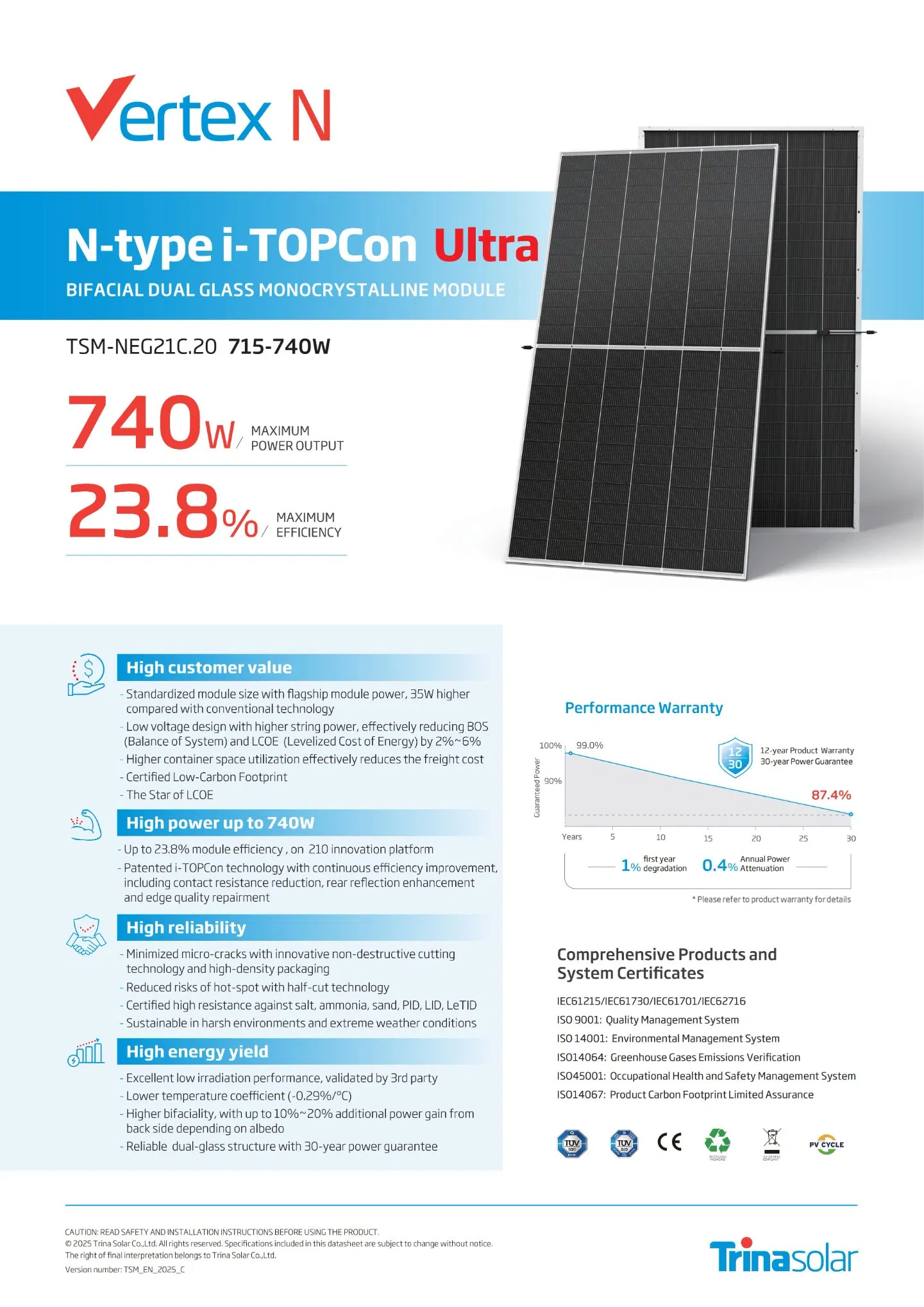 Módulos Solares Monocristalinos N Tipo Bifaciales Trina Vertex N Tsm-Neg21c. 20 715-740W para Proyectos Solares a Gran Escala