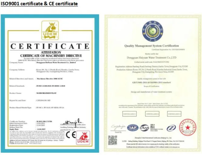 Certificaciones del sistema de tratamiento de agua