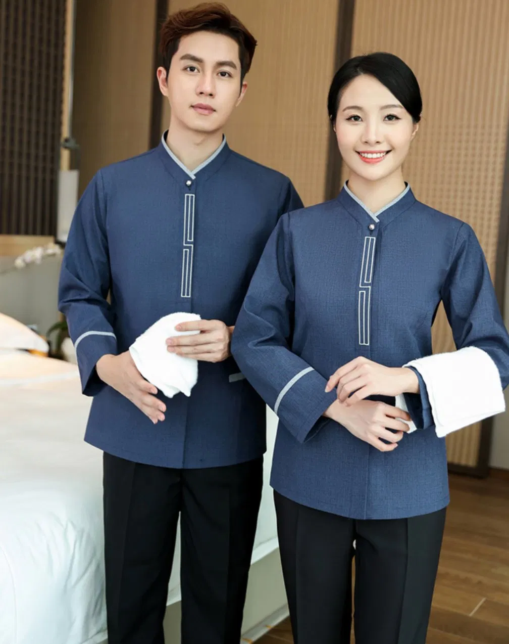 Uniforme de limpieza de hotel de trabajo de manga larga resistente a las arrugas y sin planchado OEM