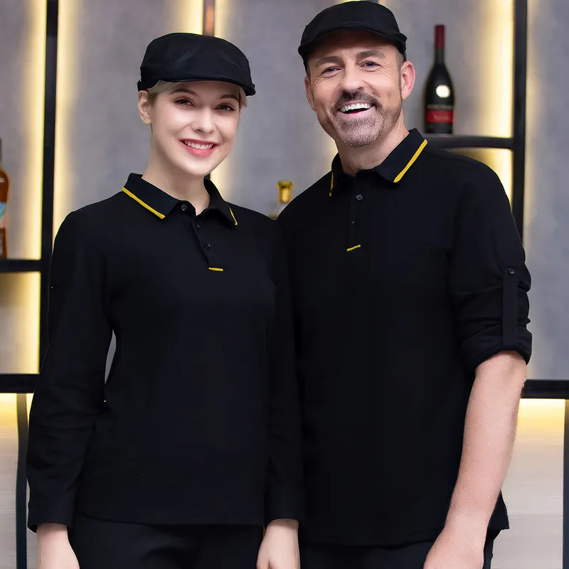 Camisa polo de manga larga personalizada al por mayor con logo, uniforme de camarero, ropa de trabajo para el personal de restaurante
