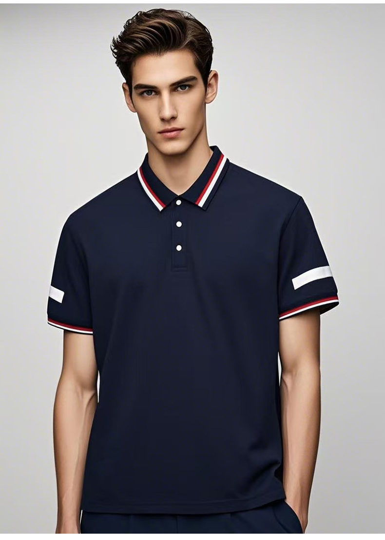 Camisa polo de manga corta con cuello contrastante en navy, resistente a las arrugas, uniforme de trabajo para corporativos y seguridad