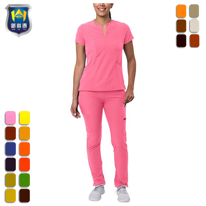 Conjunto de Uniformes Médicos de Top y Pantalones con Cuello en V para Mujeres