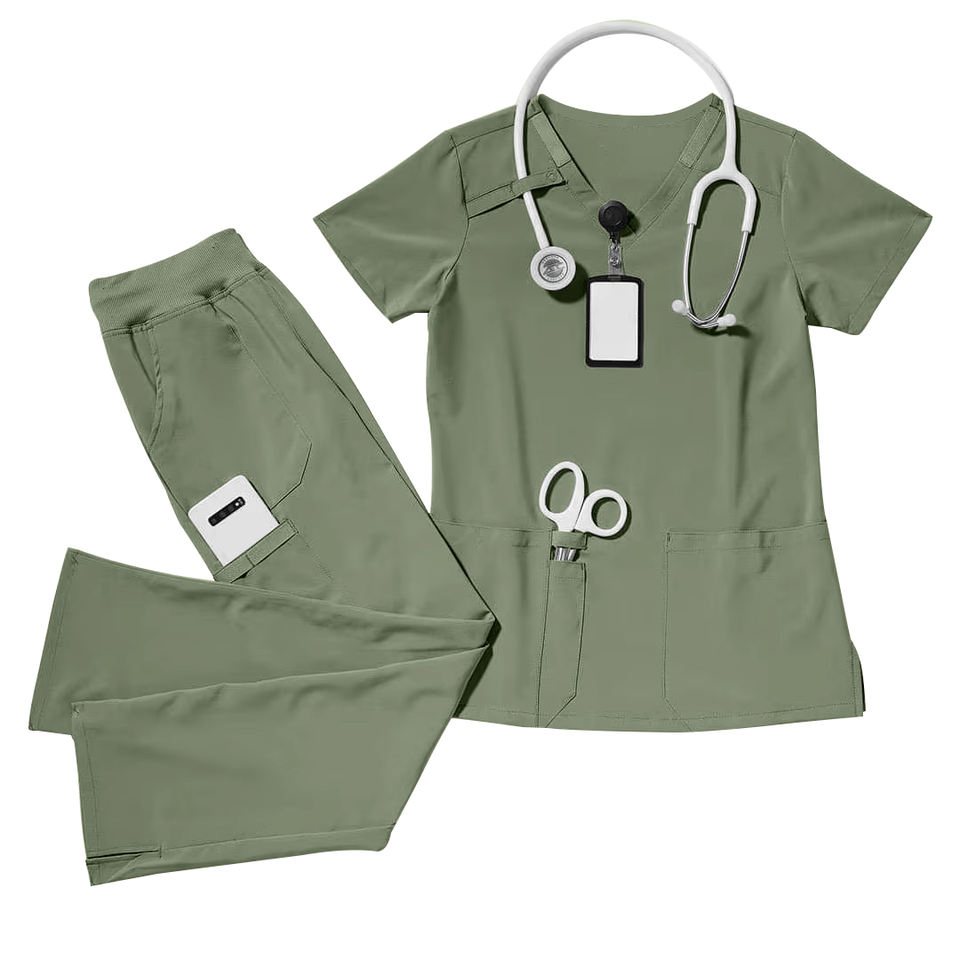 2026 Conjunto de Scrubs para Mujeres de Manga Corta en V de Tela de Elasticidad Mejorada, Spandex, Rayón y Poliéster, Uniforme Quirúrgico para Hospital