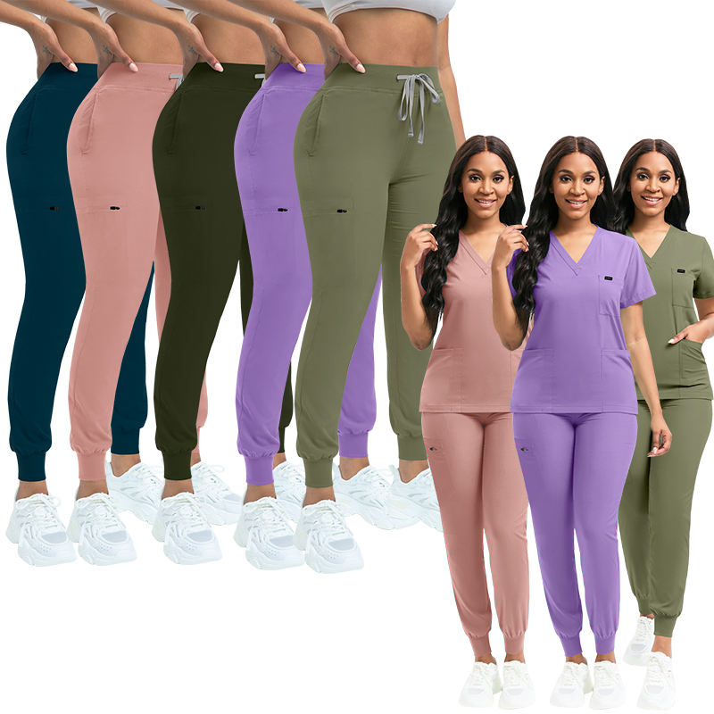 Conjunto de uniformes de scrubs elásticos con logo personalizado de fabricante, blusa de scrubs de gran tamaño para mujeres, pantalones de jogging, uniforme de trabajo médico y quirúrgico