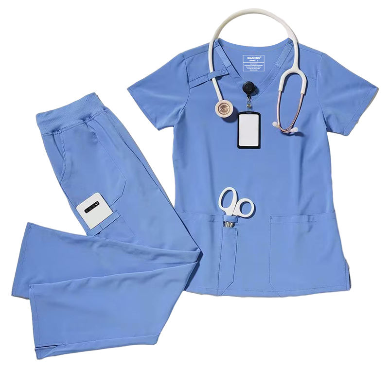 2026 Conjunto de Scrubs para Mujeres de Manga Corta en V de Tela de Elasticidad Mejorada, Spandex, Rayón y Poliéster, Uniforme Quirúrgico para Hospital