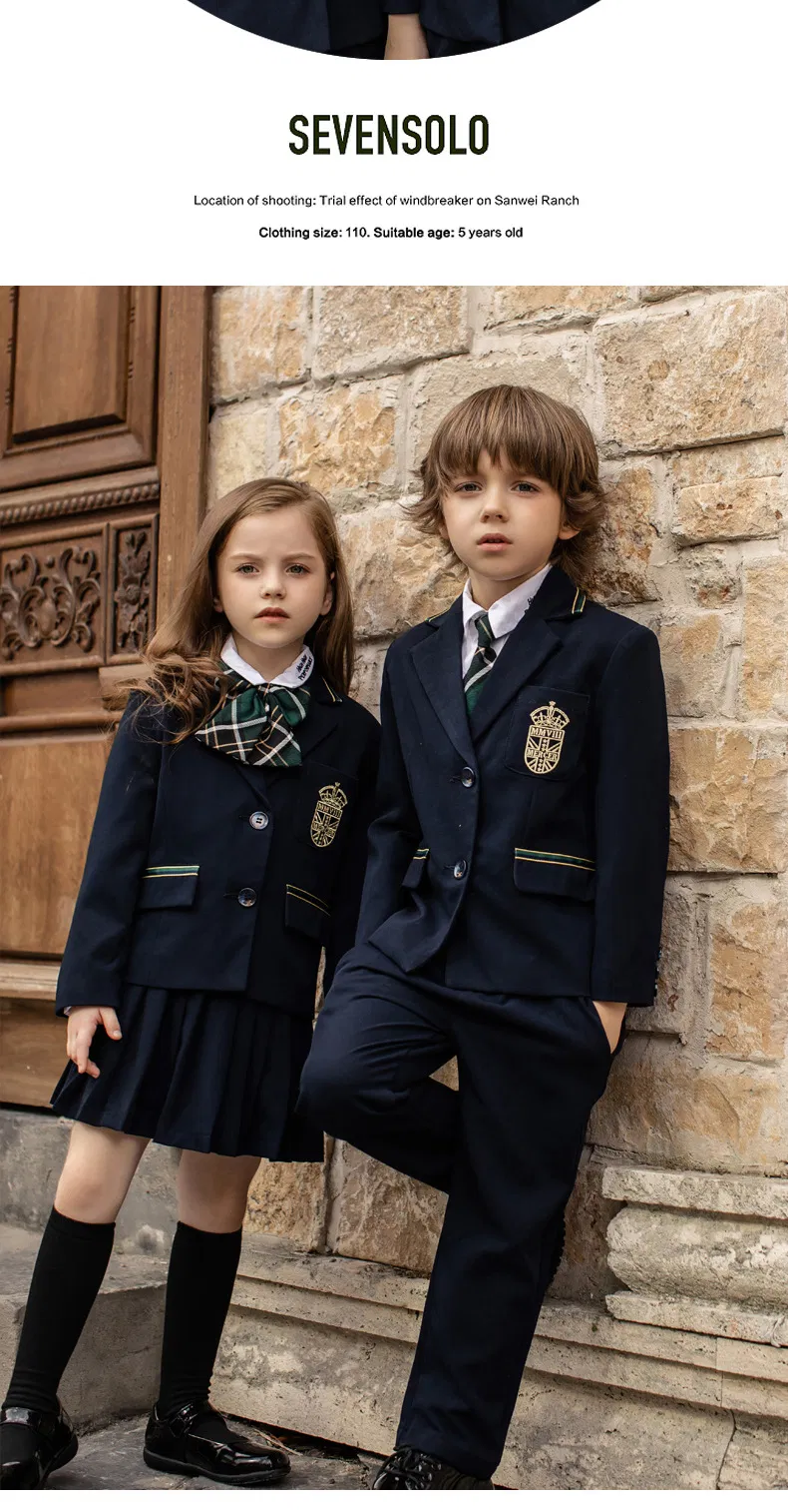 Fabricante chino de uniforme escolar para niños estilo británico, conjunto de blazer, diseño personalizado, falda, pantalones, logo bordado para escuela internacional