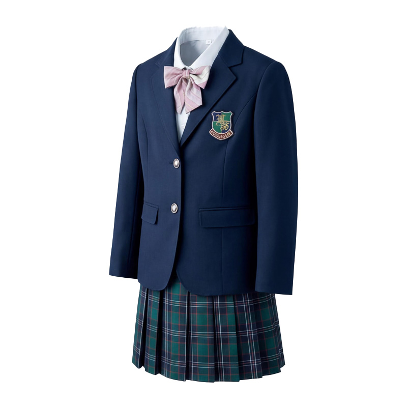 Uniforme escolar británico clásico para niñas, blazer azul marino de doble botonadura, falda plisada de cuadros verdes y corbata de lazo de cuadros rojos