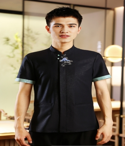 Uniforme corto de manga bordado y elegante para el personal de restaurante chino