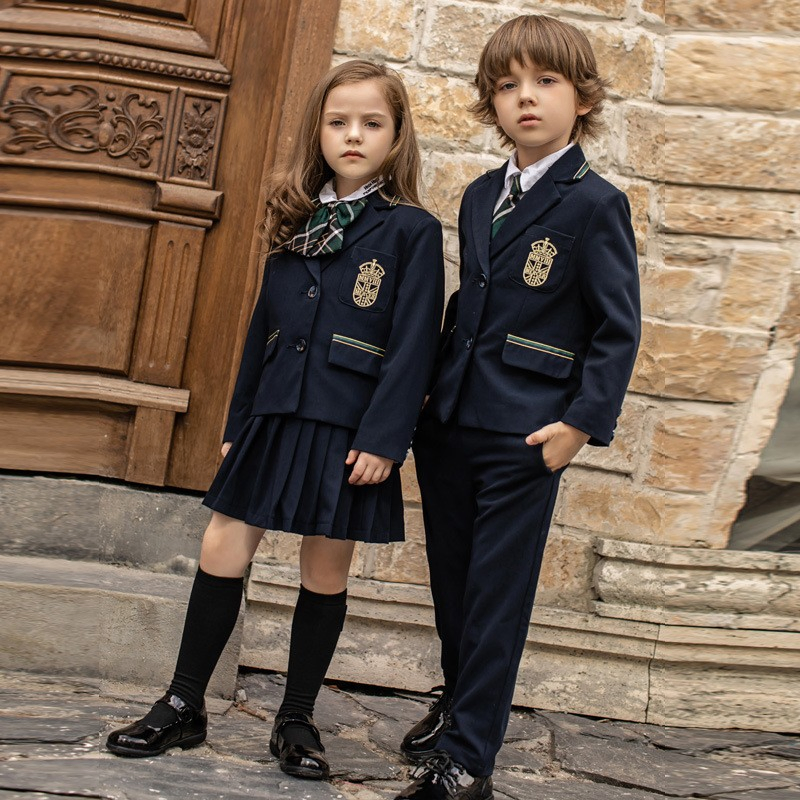 Fabricante chino de uniforme escolar para niños estilo británico, conjunto de blazer, diseño personalizado, falda, pantalones, logo bordado para escuela internacional