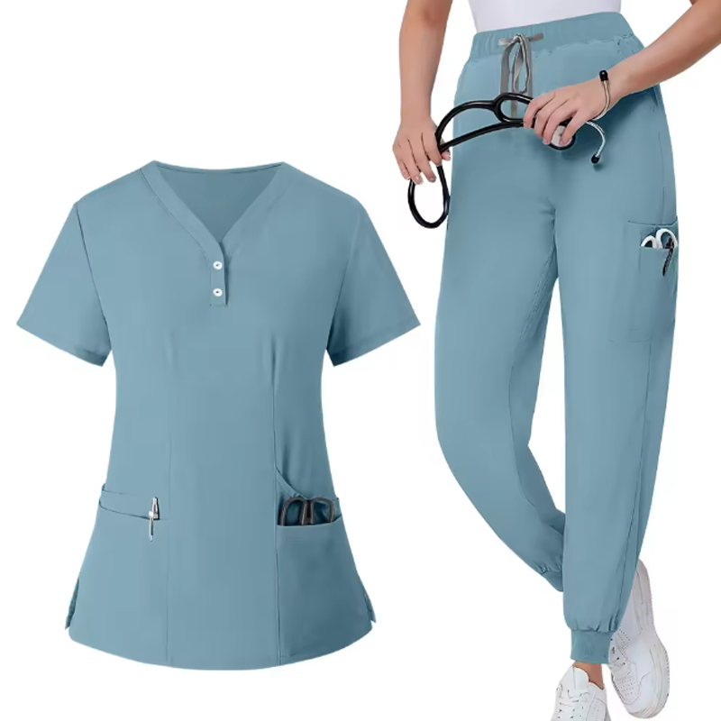 Uniformes de hospital de poliéster baratos con cuello en V y división, trajes de scrubs médicos, conjunto de uniforme de enfermera
